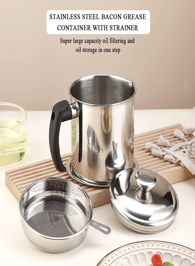 SYOSI Grease Container with Strainer, 1.4L Stainless Steel Oil Container for Storing Used Cooking Oil with Lid & Handle Suitable for Home Use (Silver) - Image 3